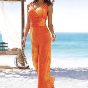 Women's Slash Sleeve TieDie Orange Jumpsuit - LG